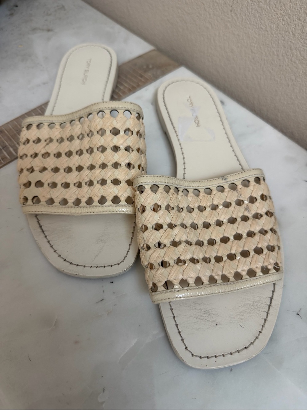 Tory Burch Ivory Woven Raffia and Leather Slide Sandal Size 9